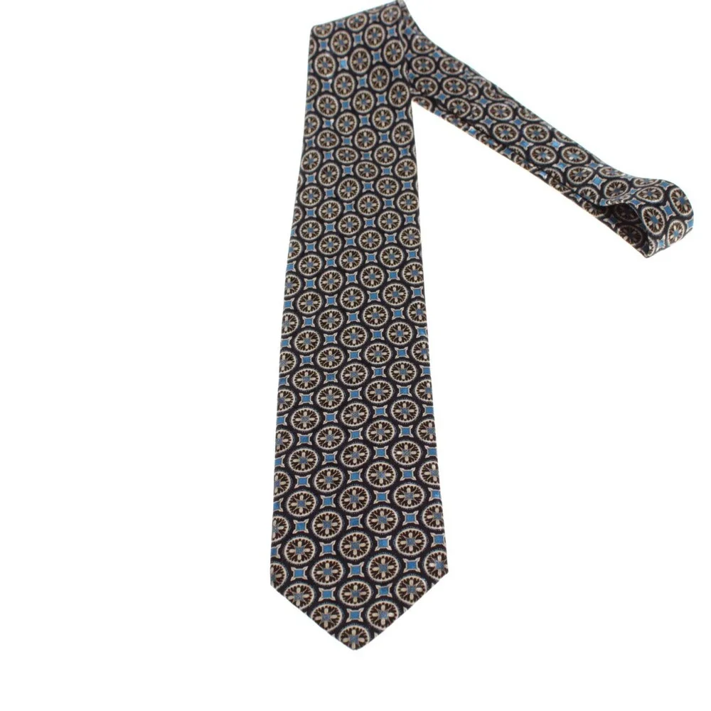 Brioni NWOT Neck Tie in Blues & Cream Geometric Print 100% Silk Made in Italy